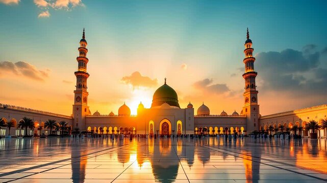 Golden Hour Majesty: Al-Masjid an-Nabawi, Prophet's Mosque bathed in the warm, breathtaking hues of sunset. A serene and spiritual scene, capturing the architectural grandeur and peaceful atmosphere  