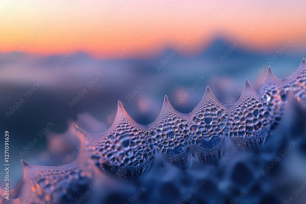 Aufkleber abstract close-up of textured surface with dew drops at sunset, creating a unique pattern.