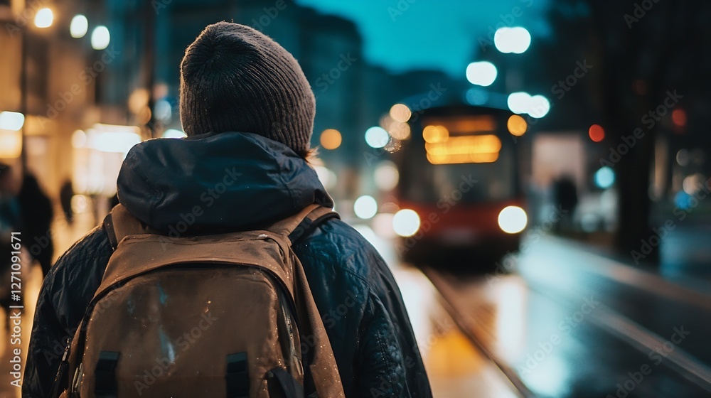 Poster young man waiting for a bus at a city street illuminated by evening lights in a bustling environment