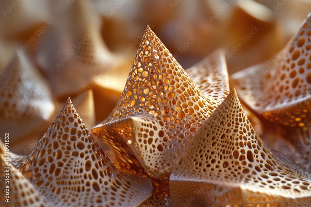 Poster intricate golden structures resembling a honeycomb or coral, with a porous, three-dimensional textur