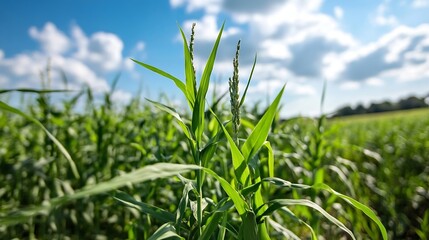 Obraz premium Lush Green Cornfield Under a Bright Blue Sky with Fluffy Clouds : Generative AI