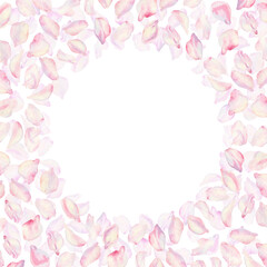 Frame with sakura flowers on background. Spring blooming cherry blossom flowers for Hanami festival. Delicate shades of pink, lilac, lilac, purple petals. Watercolor template for card, poster, web