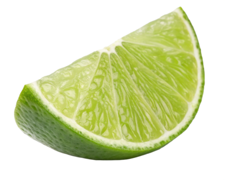 Close-up of a vibrant green lime wedge, isolated on a transparent background. Perfect for culinary, cocktail, and freshness-themed images.