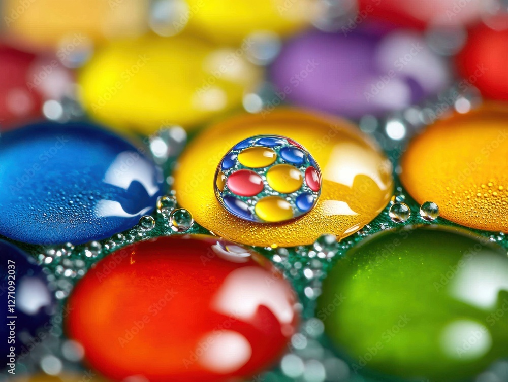 Poster a vibrant close-up of colorful water droplets showcasing reflections and patterns, creating a visual