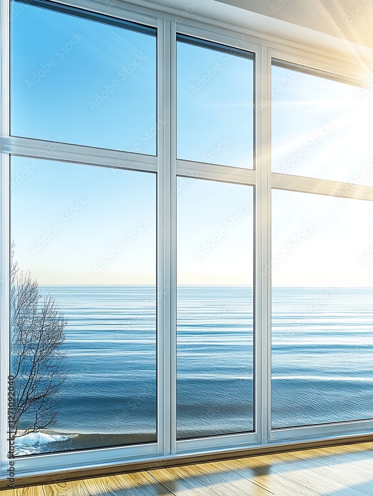 Aufkleber gleaming sunlight streaming through large glass windows revealing a stunning lakeside view and mount
