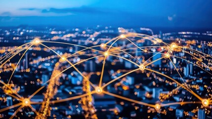 A nighttime cityscape featuring illuminated buildings interconnected by glowing lines, representing a network or digital connectivity.