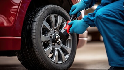 Mechanic Uses Impact Wrench to Tighten Car Wheel Lug Nuts Efficiently