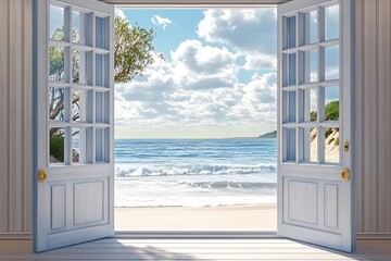Beautiful ocean view through open doors revealing a serene beach and fluffy clouds in the sky : Generative AI