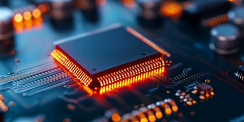 Detailed view of a circuit board with electronic components glowing in vibrant red light.