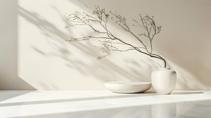 Minimalistic interior scene featuring a vase with a branch and a bowl, casting soft shadows
