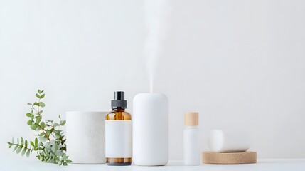 Relaxing aromatherapy setup with essential oils and a diffuser on a minimalist surface