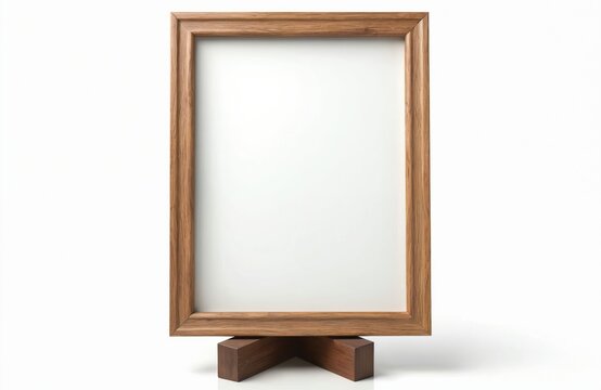 Wooden picture frame with easel isolated on white background. Minimalist decor. Photo display on table surface. Design craft in rustic natural gallery style for portrait keepsakes home decor.