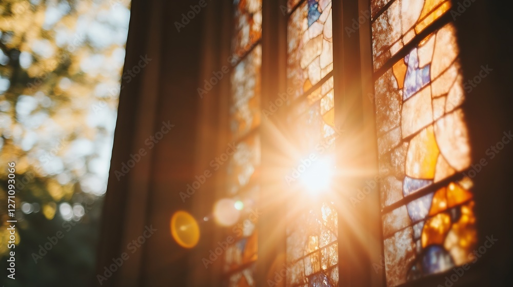 Aufkleber Sunlight streaming through colorful stained glass window in a charming building creating a warm atmosphere : Generative AI