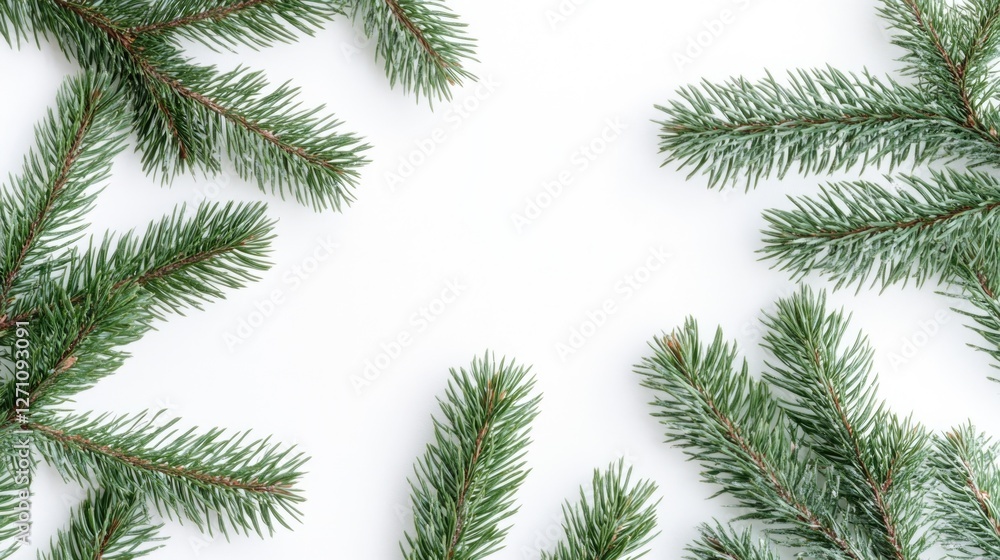 Poster Close-up view of pine branches against a white background, suitable for use in design or editorial projects