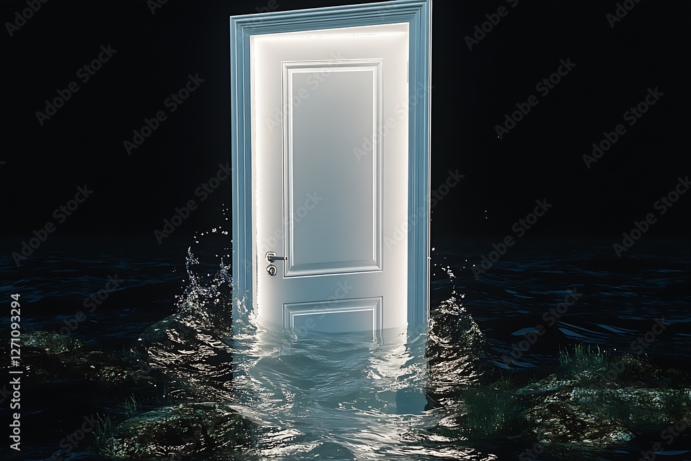 Poster enigmatic floating door in water illuminated from within symbolizing new beginnings and adventures :