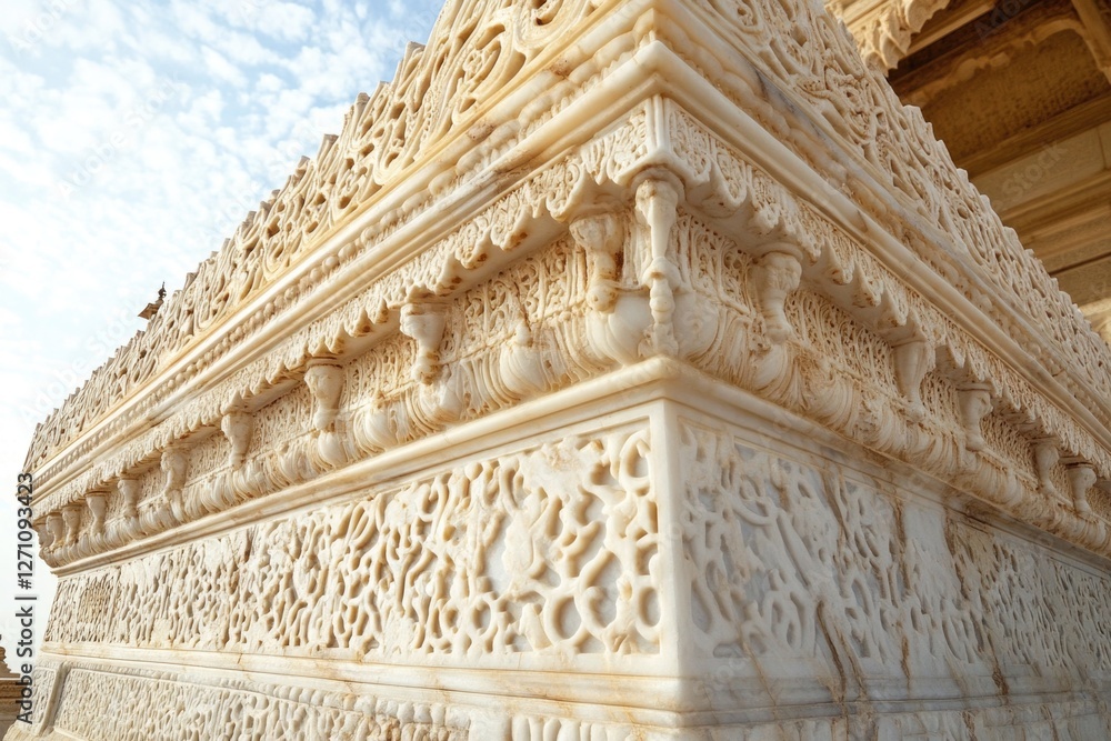 Poster Close-up view of a building with intricate carvings, suitable for use in architectural or historical context