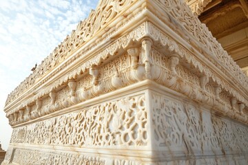 Obraz premium Close-up view of a building with intricate carvings, suitable for use in architectural or historical context