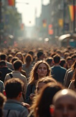 Fototapeta premium Noisy street scene with young blonde woman in foreground among blurred crowd. Image captures urban life, city flow, and pedestrian movement. People are walking, going about daily routines in downtown.