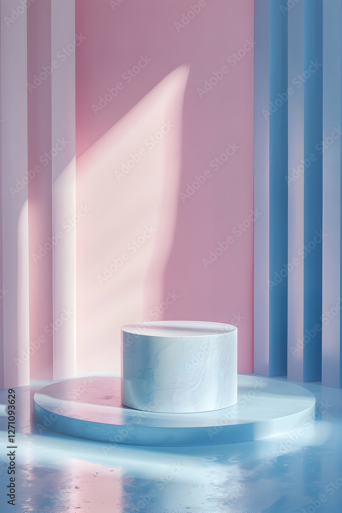 Poster minimalist display featuring a circular pedestal on a reflective surface in a pastel-colored environ