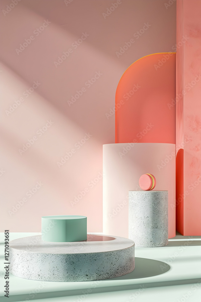 Poster abstract composition of geometric shapes with pastel colors and soft shadows in a minimalist setting