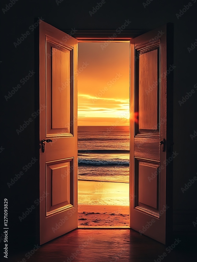 Aufkleber beautiful sunset view through an open door by the beach creating a serene and inviting atmosphere : 