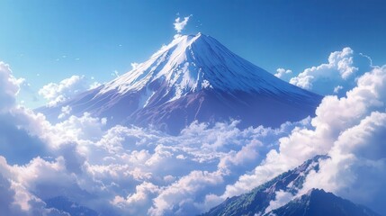 Mount Fuji snow-capped peak and symmetrical cone stand majestically above Japan countryside.