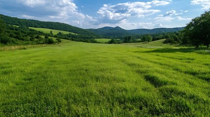 Fototapeta premium Vast green landscape with rolling hills under a bright blue sky and fluffy clouds : Generative AI