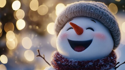 Happy snowman enjoying holiday lights and decorations