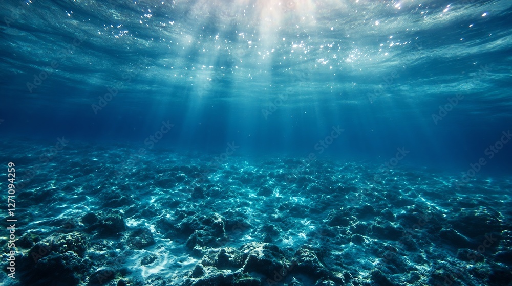 Poster underwater scene showing vibrant sunlight rays filtering through the clear blue ocean water and illu