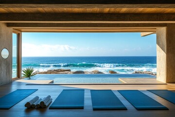 Fototapeta premium Oceanfront Serenity: Coastal Wellness Retreat - Find inner peace at this serene coastal yoga retreat. Ocean views, tranquility, rejuvenation, mindfulness, and self-discovery await