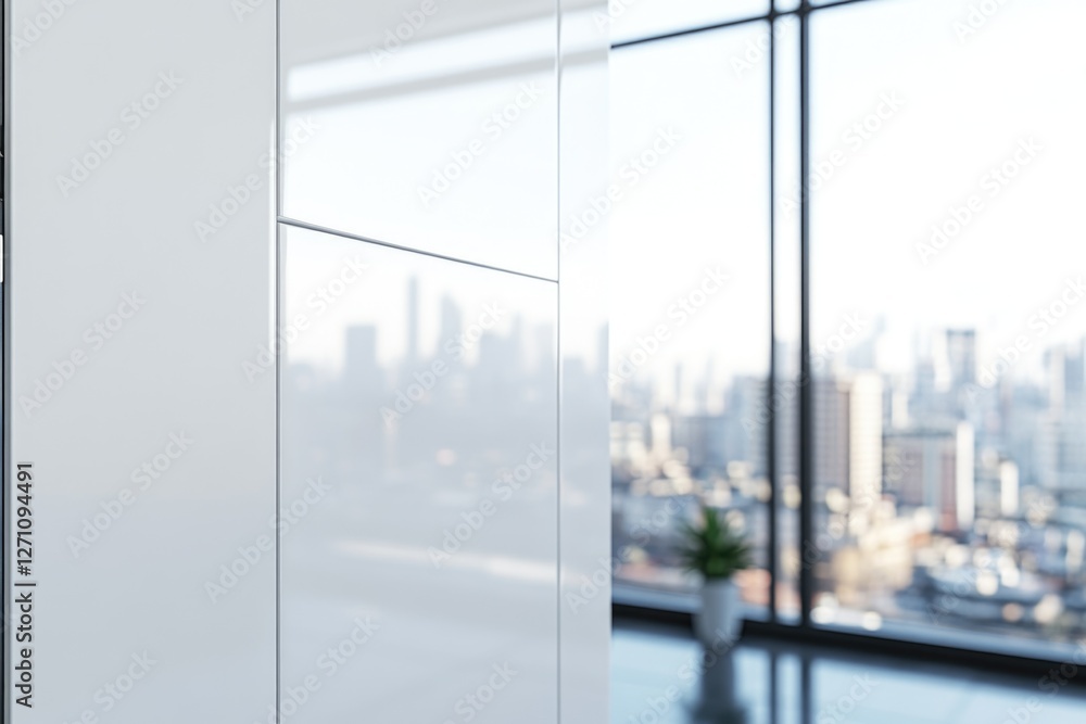 Poster a view of a cityscape seen through a window
