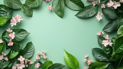 Fototapeta premium Fresh Green Leaves and Pink Flowers Frame on Soft Green Background