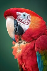 A close-up portrait of a red parrot with vivid feathers and an engaging gaze, showcasing its distinctive features.
