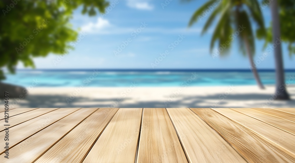 Poster soothing atmosphere of a wooden surface with a blurred tropical beach and palm trees in the backgrou