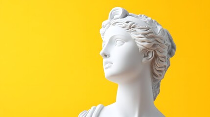 White marble sculpture of a classical female figure against a bright yellow background capturing timeless elegance and artistry