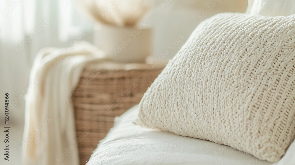 Poster cozy living room setting featuring a soft knitted pillow on a textured white sofa with natural light