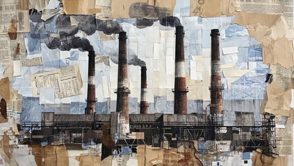 Industrial Pollution Collage; Factory chimneys emitting smoke over crumpled paper background; possible use for environmental awareness; artistic photo