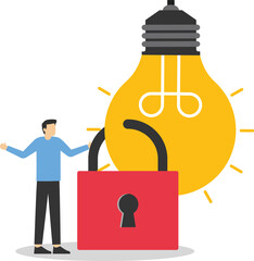Copyright reserved or product trademark that cannot copy concept, intellectual property, patented protection, businessman owner standing with light bulb idea locked with padlock for patents.

