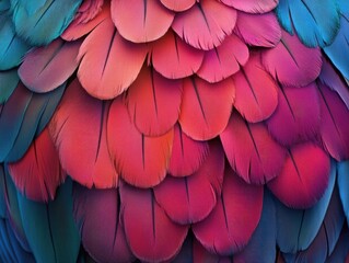 Obraz premium Feathers with a range of colors from deep blue to pink, set against a neutral background.