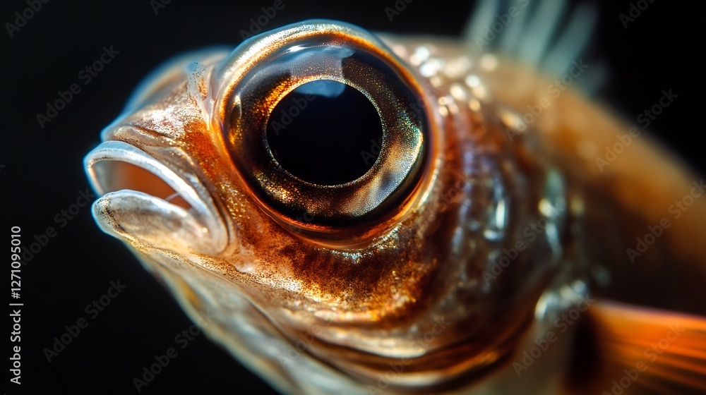 Poster Close up view of a vibrant fish showcasing intricate details and captivating colors in a dark aquatic environment : Generative AI