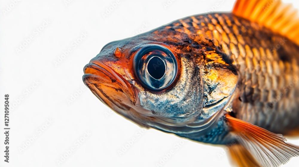 Poster close up of a vibrant fish with bright colors and detailed scales against a white background : gener