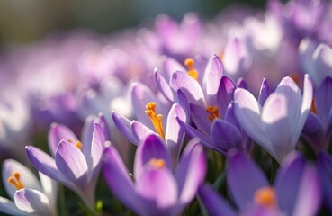 Close-up shot of purple crocuses with orange pistils in sunlight. Spring meadow with violet flowers and fresh green grass. Floral background with crocus blossom in garden.