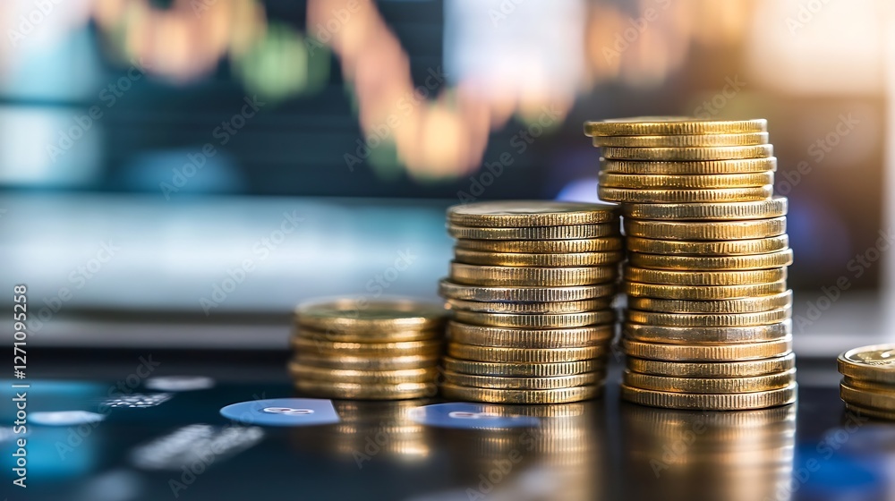 Poster Closeup view of stacked gold coins on a dark table with a financial graph in the background : Generative AI
