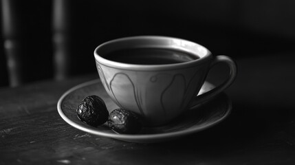 Fototapeta premium A cup of hot beverage with milk, accompanied by a sweet treat. A simple pleasure during the day.