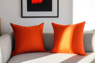 Two orange pillows on a white couch