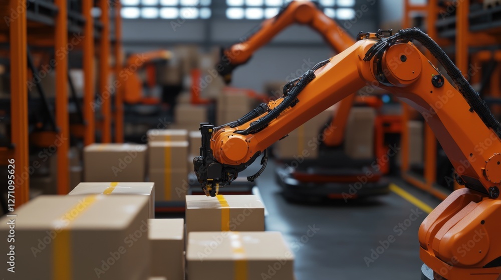 Poster a robotic arm moves boxes in a warehouse, an efficient way to handle storage and logistics