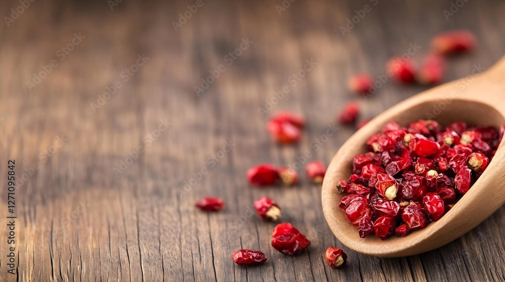 Aufkleber close up of dried red spices in a wooden spoon on a rustic background : generative ai