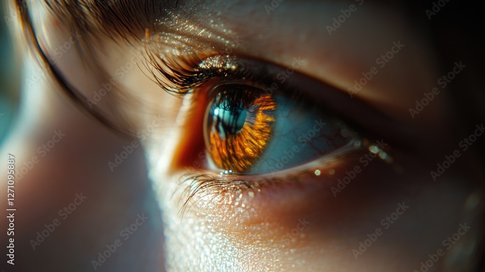 Poster a close-up shot of an eye showing the reflection of the sun, great for use in images about nature, s