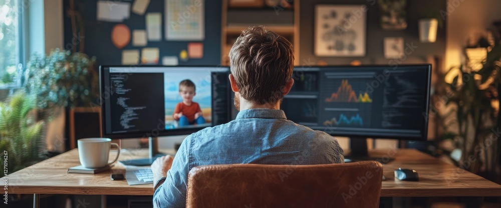 Poster man works from home, video call with child, data graphs on screen