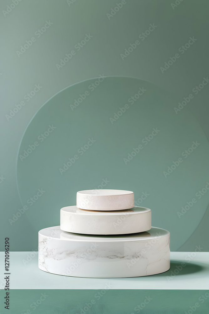 Poster minimalist stack of circular marble and stone plates on a soft green background with subtle shapes